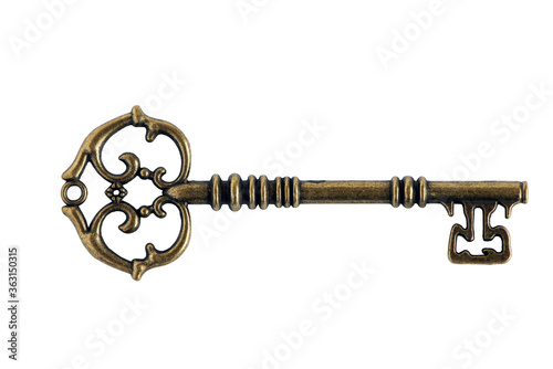 Decorative old antique steel key isolated on white background.