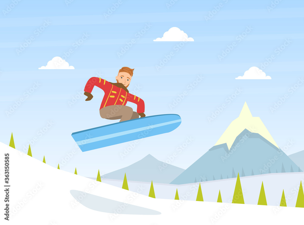 Guy Dressed in Warm Clothing Jumping with Snowboard, Winter Sports Outdoor Activity Vector Illustration