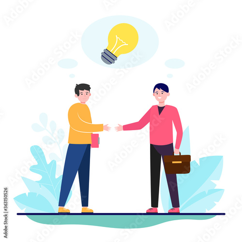Startup partners shaking hands. Business men handshaking under new idea lightbulb flat vector illustration. Cooperation, partnership concept for banner, website design or landing web page