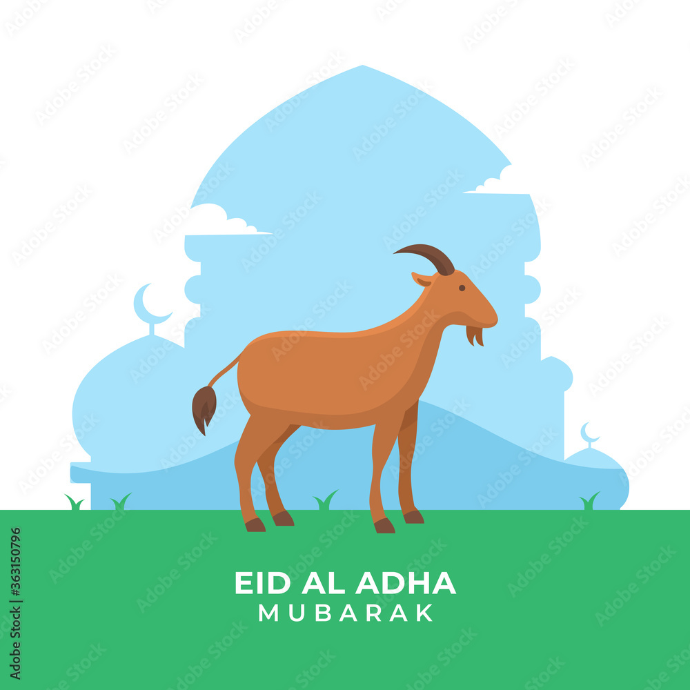 Eid Al Adha islamic holiday poster background. The sacrifice of goat livestock animal vector illustration