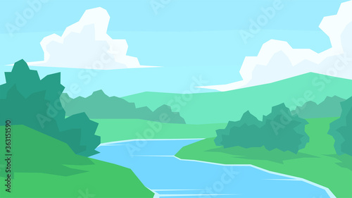 vector illustration  abstract landscape  river  bush  forest  hill  cloud