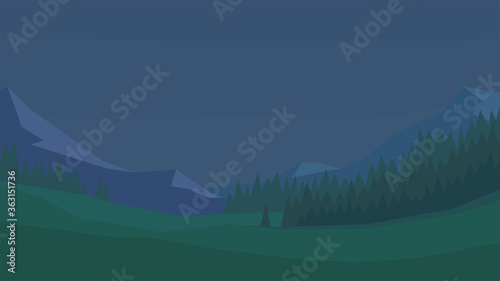 vector illustration, abstract night landscape, spruce forest, plain, trees, clear sky, mountains