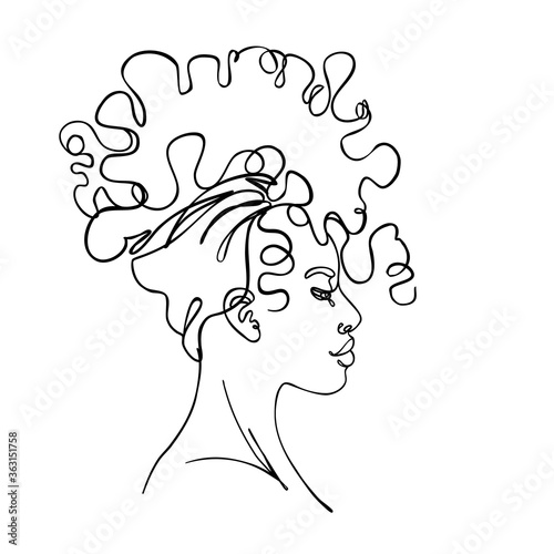 Abstract portrait of young African American woman. Continuous one line drawing isolated on white. Vector illustration in simple modern style.