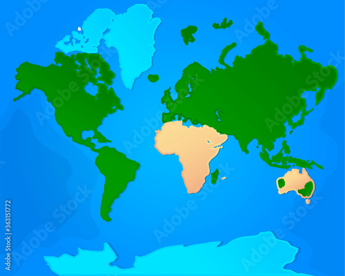 The world map is divided into continents.
