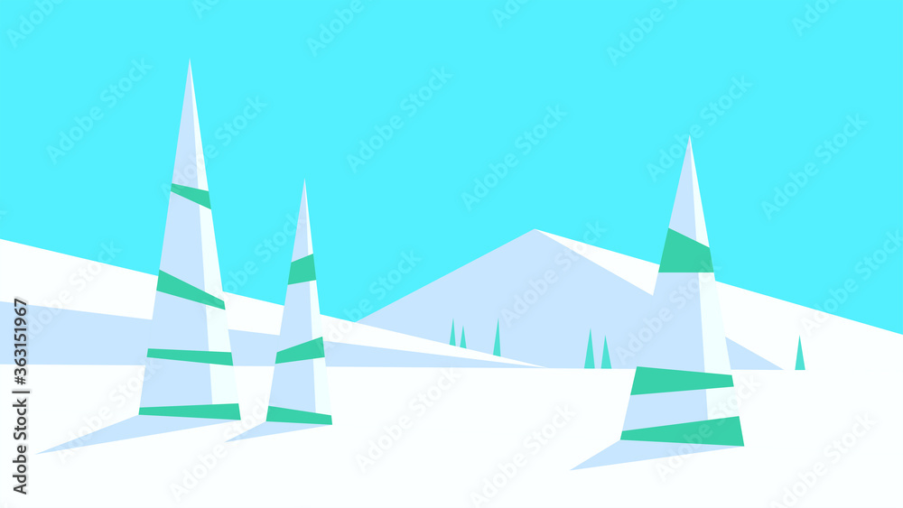 vector illustration, abstract geometric winter landscape, snow, pine, trees, mountain, day, clear sky