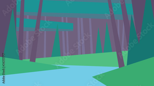 vector illustration, abstract geometric landscape, summer, pine, trees, forest, river, grass, day