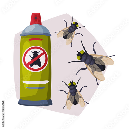 Spray Can of Fly Insect Insecticide, Pest Control Service, Detecting and Exterminating Insects Vector Illustration on White Background