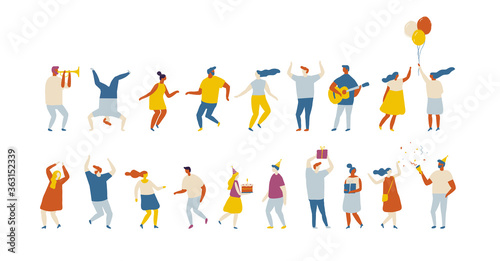 Vector party flat people. Dancing happy people. Birthday