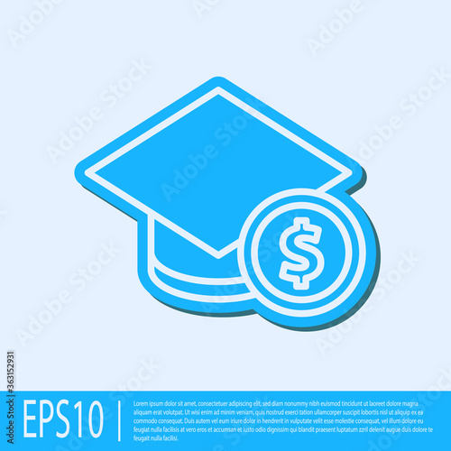 Blue line Graduation cap and coin icon isolated on grey background. Education and money. Concept of scholarship cost or loan, tuition or study fee. Vector..