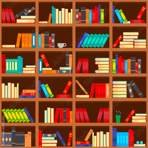 Books on shelves, seamless pattern. 