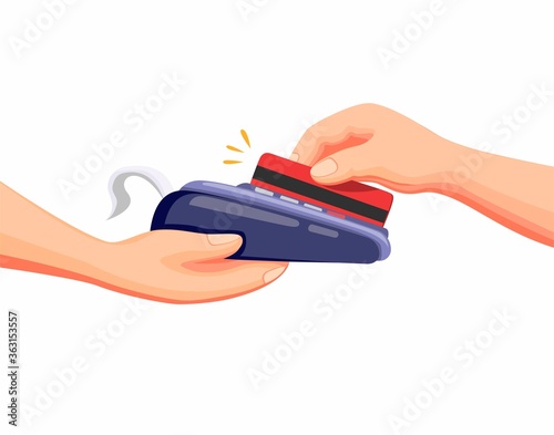 Credit or debit card transaction to payment in drive thru or market shop in cartoon illustration vector on white background
