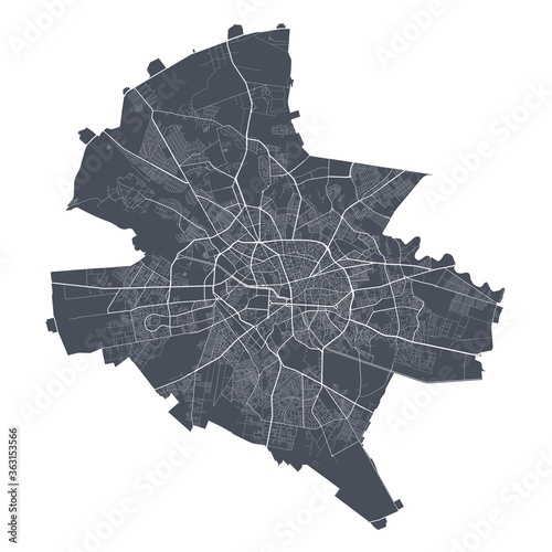 Bucharest map. Detailed map of Bucharest city poster with streets. Dark vector.