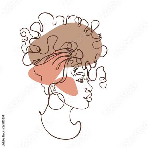 Abstract portrait of young African American woman. Continuous one line drawing isolated on white. Vector illustration in simple modern style.