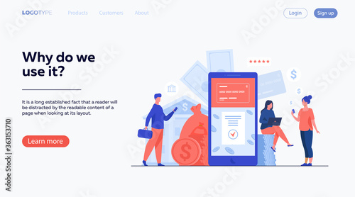 People with smartphones using mobile banking app. Man and woman with digital devices making online payment. Vector illustration for money, fintech, transaction concept