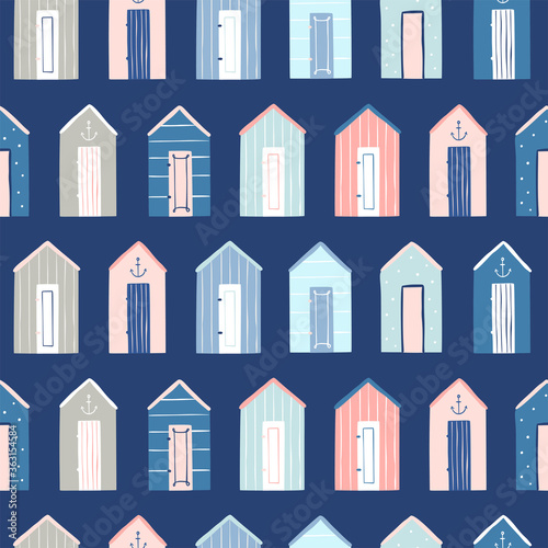 Seamless pattern with beach houses. Cute beach vector background. Nautical and seaside vector backdrop 