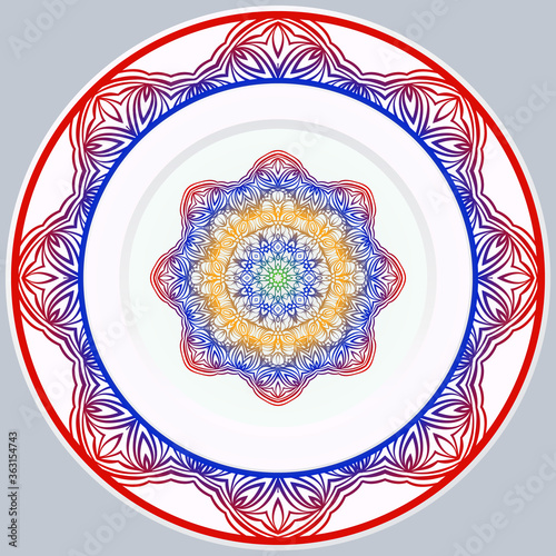 decorative plates for interior design. Empty dish, porcelain plate mock up design. Vector illustration. Decorative plates with Mandala ornament patterns. Home decor background