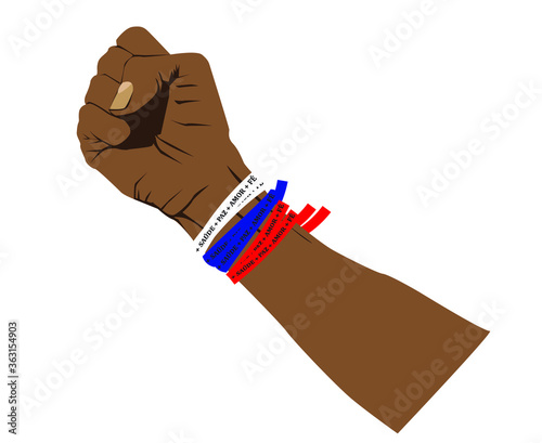 Mão negra fechada em Punho com fitas de cor branca, azul e vermelhas amarradas ao redor do punho com os dizeres Saúde/ Paz/ Amor/ fé