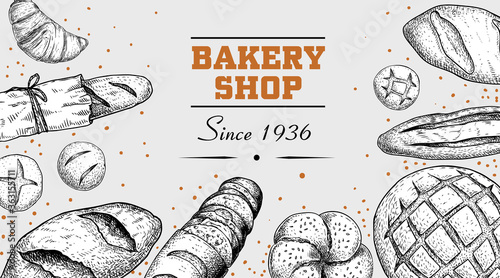 Sketch style bakery poster template. Top view. Bread, buns, loafs, croissant and other bread goods. Hand drawn design for markets and packages. Vector illustration.