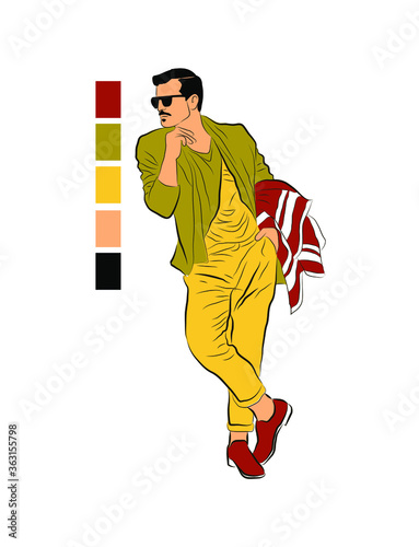 Vector color illustration of a standing expectant person. Fashionable man in a suit and glasses.
