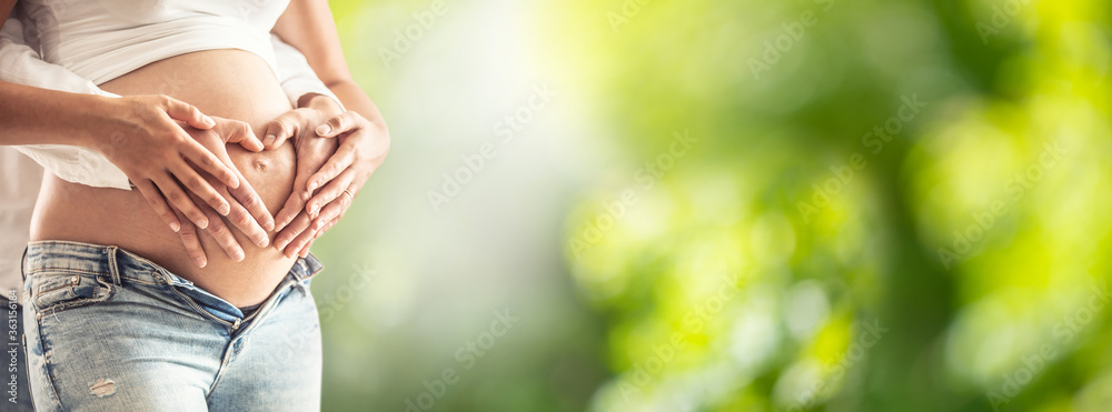 Pregnant woman with her husband hugging her belly. Hands of future parents in anticipation of the baby hugging a belly in the shape of a heart. Panoramic banner with green nature background - obrazy, fototapety, plakaty 