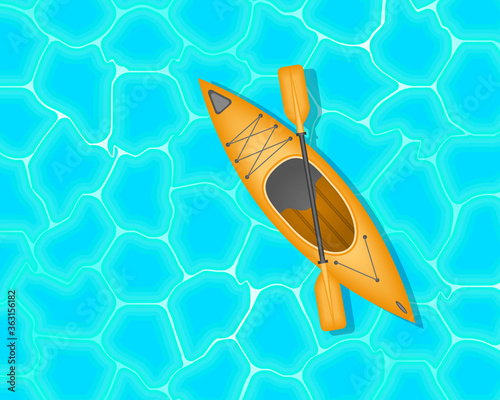 Kayak and bright blue water. Top view.