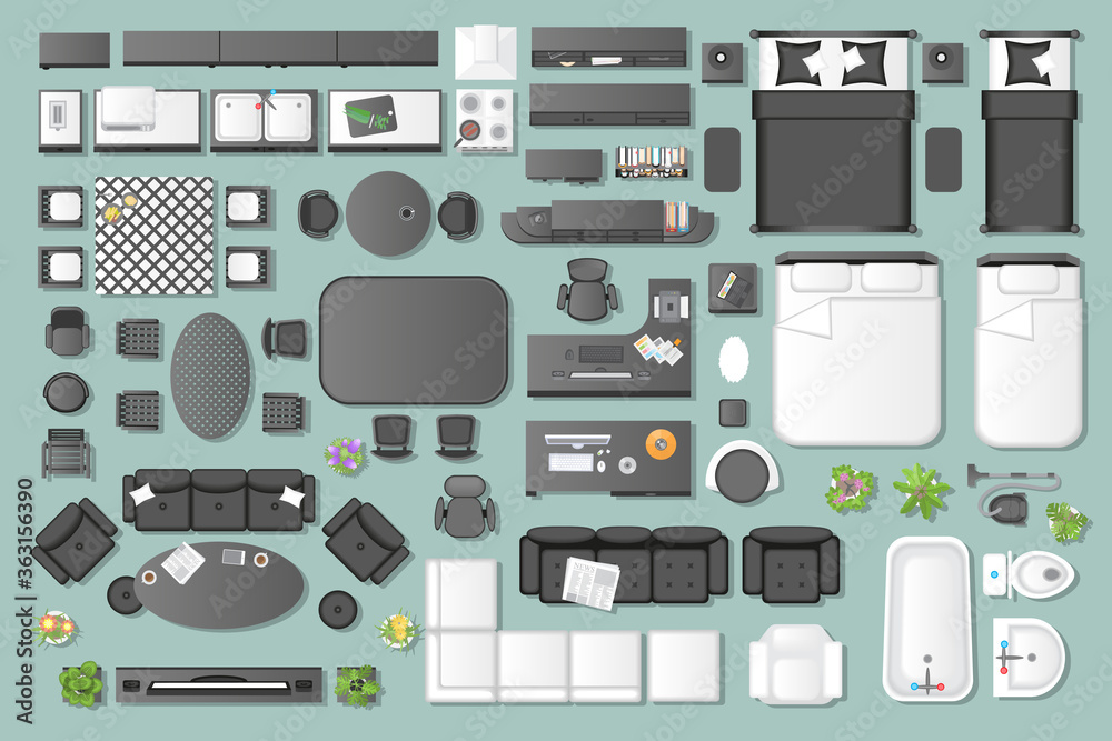 Furniture top view. Icons set of interior. Furniture and elements for living room, bedroom, kitchen, bathroom, office. (view from above) Furniture top view. Icons set of interior. Furniture and elements for living room, bedroom, kitchen, bathroom, office. (view from above)