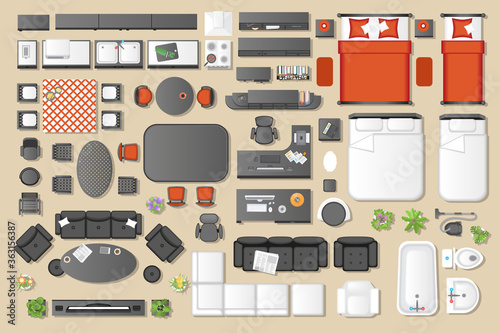 Furniture top view. Icons set of interior. Furniture and elements for living room, bedroom, kitchen, bathroom, office. (view from above)