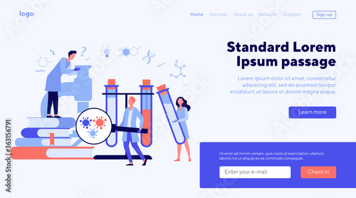 Group of scientists with microscope, chemical tubes and books doing epidemiology research. Chemists studying corona virus tests in medical lab. Can be used for coronavirus pandemic, covid 2019 topics