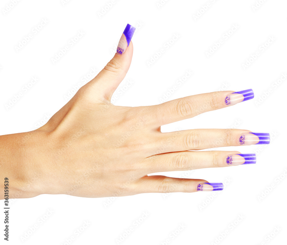 Hand with blue french acrylic nails manicure and painting