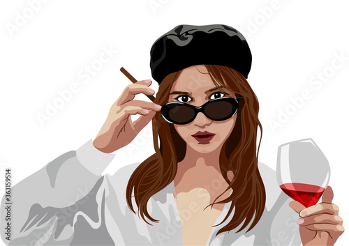 Elegant young girl with beret hat and glasses holding a glass of wine and cigarette