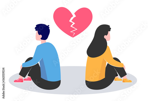 Conflict in couple. Young man and woman turning their back on under broken heart flat vector illustration. Breakup, heartbreak, split up concept for banner, website design or landing web page