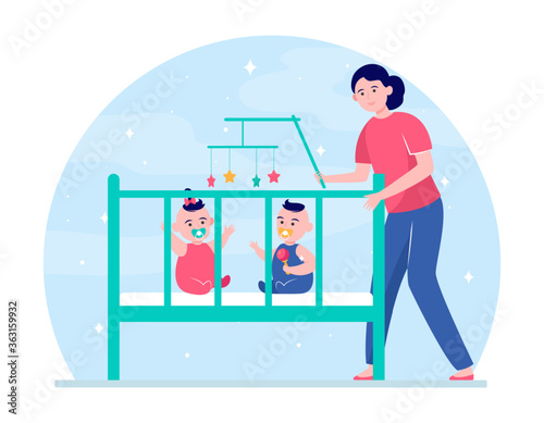 Mom calming down twin babies in crib. New mother getting kids into bed flat vector illustration. Motherhood, bedtime, child care concept for banner, website design or landing web page