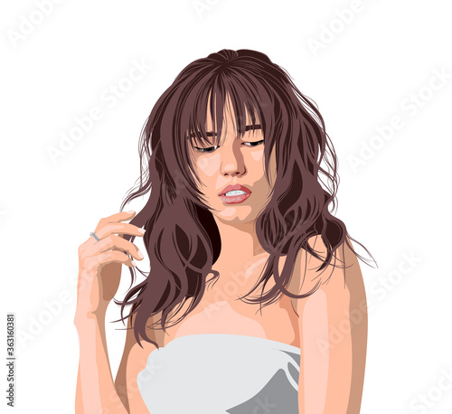 Young caucasian girl with curly long dark brown hair and bangs. White dress. Messy hair