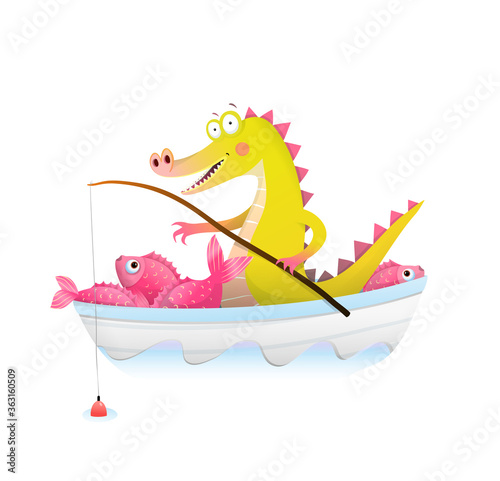 Baby Crocodile or alligator in boat fishing with fishing rod. Fisherman dragon happily smiling with big catch of fish in boat. Cute watercolor style vector animals cartoon for children.