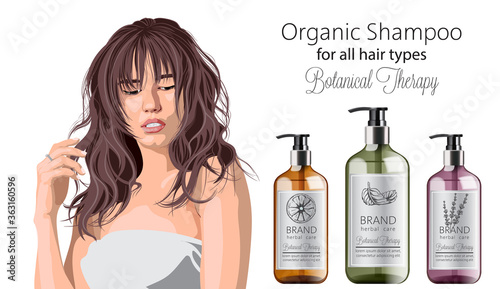 Tender woman with bangs advertising organic shampoo with herbal care. Various plants and colors. Mint, orange and lavender