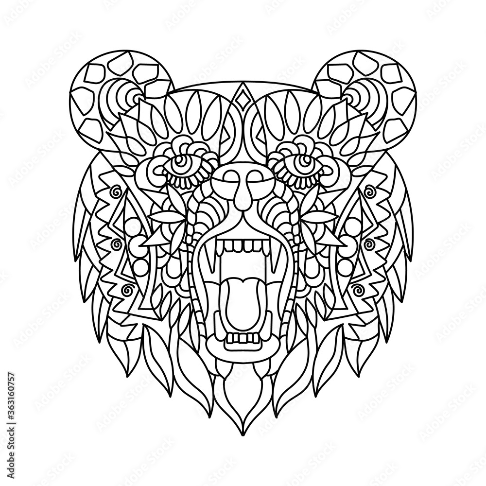 Obraz premium Ethnic pattern in the form of a bears head. An animal with its mouth open. Black and white Doodle vector illustration. Sketch for a tattoo, poster, print, or t-shirt.