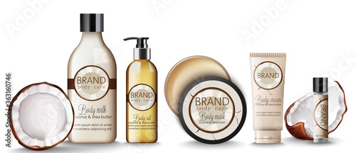 Set of Coconut body care products with creams, shampoo bottles, milk, mask and lip balm