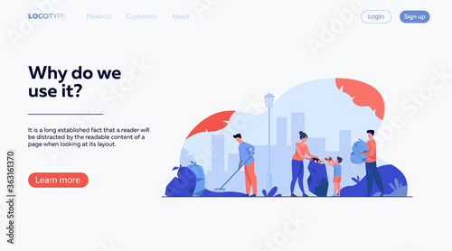 Volunteers community cleaning garbage flat vector illustration. People working in team for city ecology protection. Environment, nature and clean planet concept