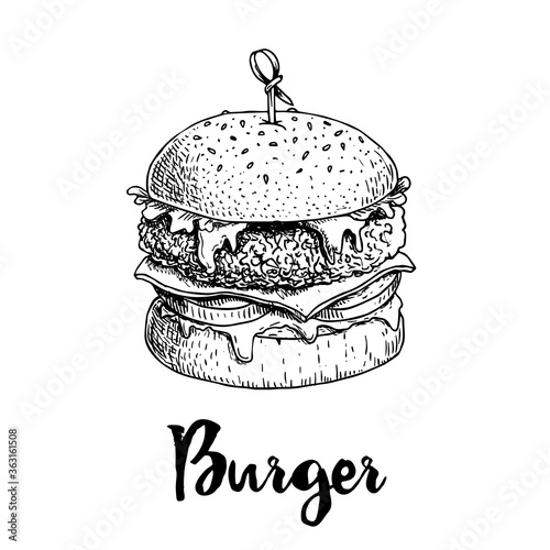Hand drawn sketch style burger with wooden stick. Fast, street food. Cheeseburger with fried chicken, lettuce, tomato, onion, mayonnaise and ketchup.  Vector illustration for menu and package designs.