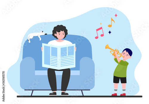 Boy playing trumpet at home. Son disturbing father with noise flat vector illustration. Studying music, playing musical instrument concept for banner, website design or landing web page