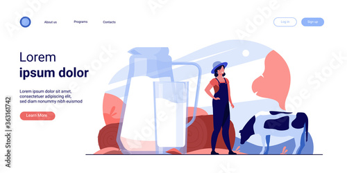 Fresh milk in glass jug. Cow pasturing on farming field. Vector illustration for farm food, nutrition, diet, calcium, casein concept