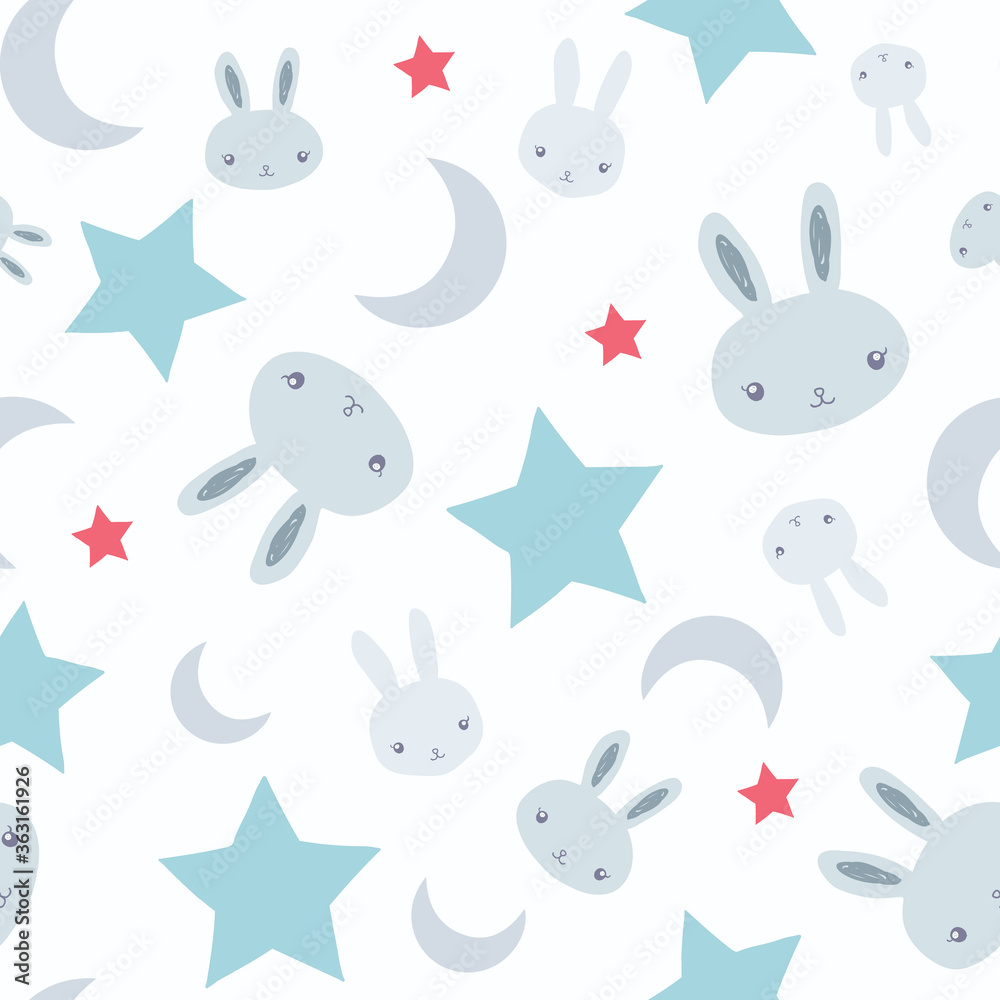 Obraz premium Boys seamless pattern design with grey bunnies, cute rabbits, stars and moon on white background. Perfect for fabric, textile, kids fashion. Surface pattern design.