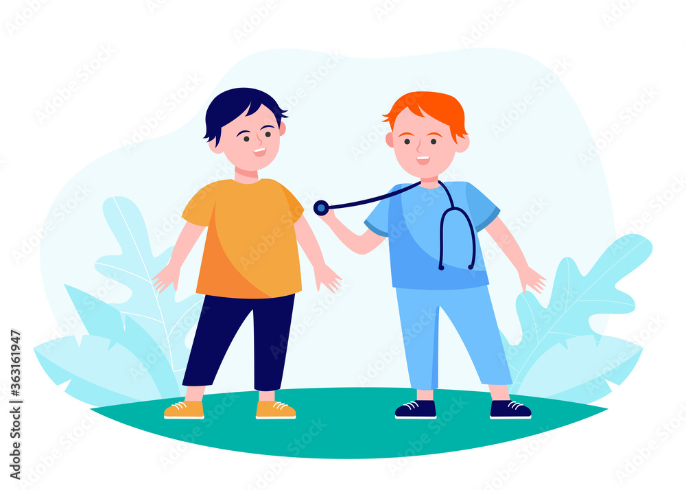 Boys acting doctor and patient. Children playing outdoors flat vector illustration. Role play, childhood concept for banner, website design or landing web page