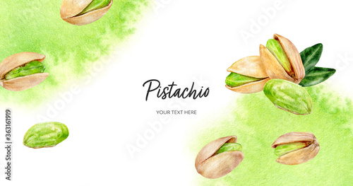 Pistachio horizontal banner watercolor hand drawn illustration with watercolor splash background on white.
