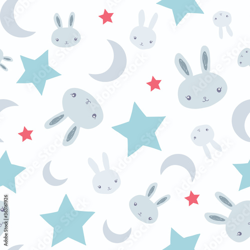 Boys seamless pattern design with grey bunnies, cute rabbits, stars and moon on white background. Perfect for fabric, textile, kids fashion. Surface pattern design.