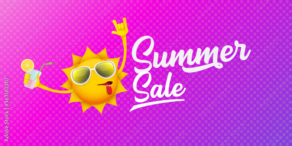 summer sale horizontal web banner or vector label with summer happy sun character wearing sunglasses and holding cocktail isolated on violet horizontal background