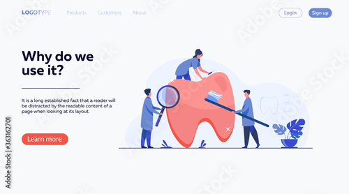 Team of dentists taking care of teeth. Small doctors examining, treating, cleaning, brushing big tooth. Vector illustration for cavity, caries, dental care, stomatology concept
