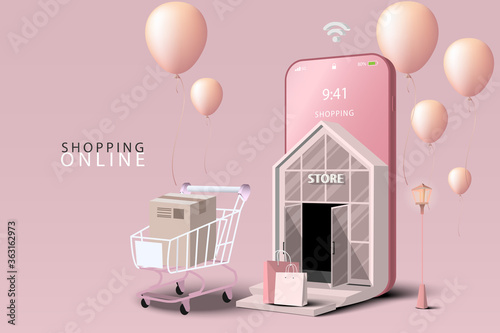 Shopping Online on Mobile Application Concept Marketing and Digital marketing. Store and shop on smartphone. Website Background Pink tone.