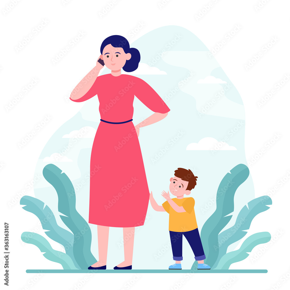 Mom talking on phone while walk with son outdoors. Upset boy attracting mothers attention flat vector illustration. Motherhood problem concept for banner, website design or landing web page Mom talking on phone while walk with son outdoors. Upset boy attracting mothers attention flat vector illustration. Motherhood problem concept for banner, website design or landing web page