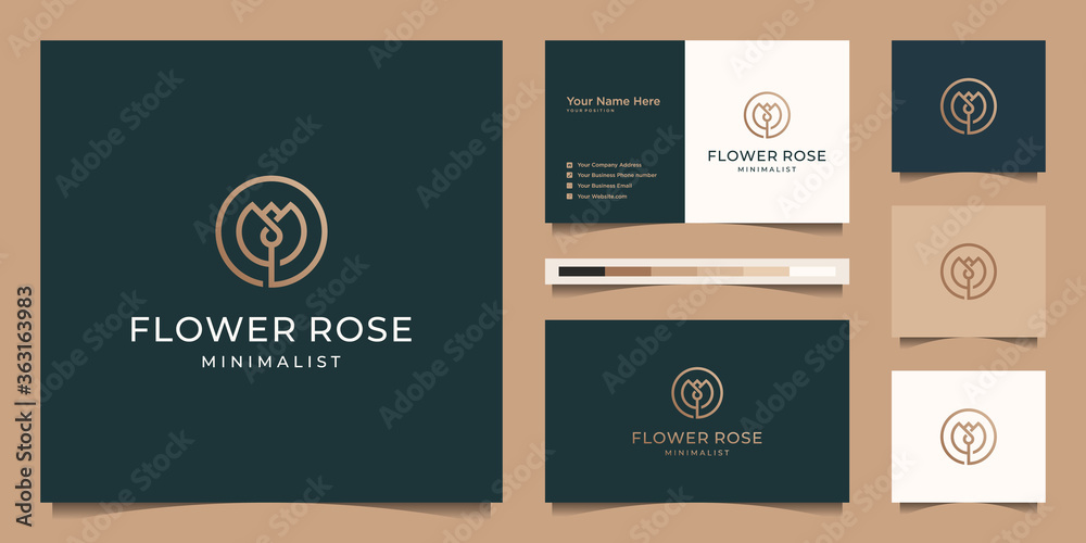 Minimalist elegant flower rose line art style. luxury beauty salon, fashion, skincare, cosmetic, yoga and spa products. logo design and business card Premium Vector